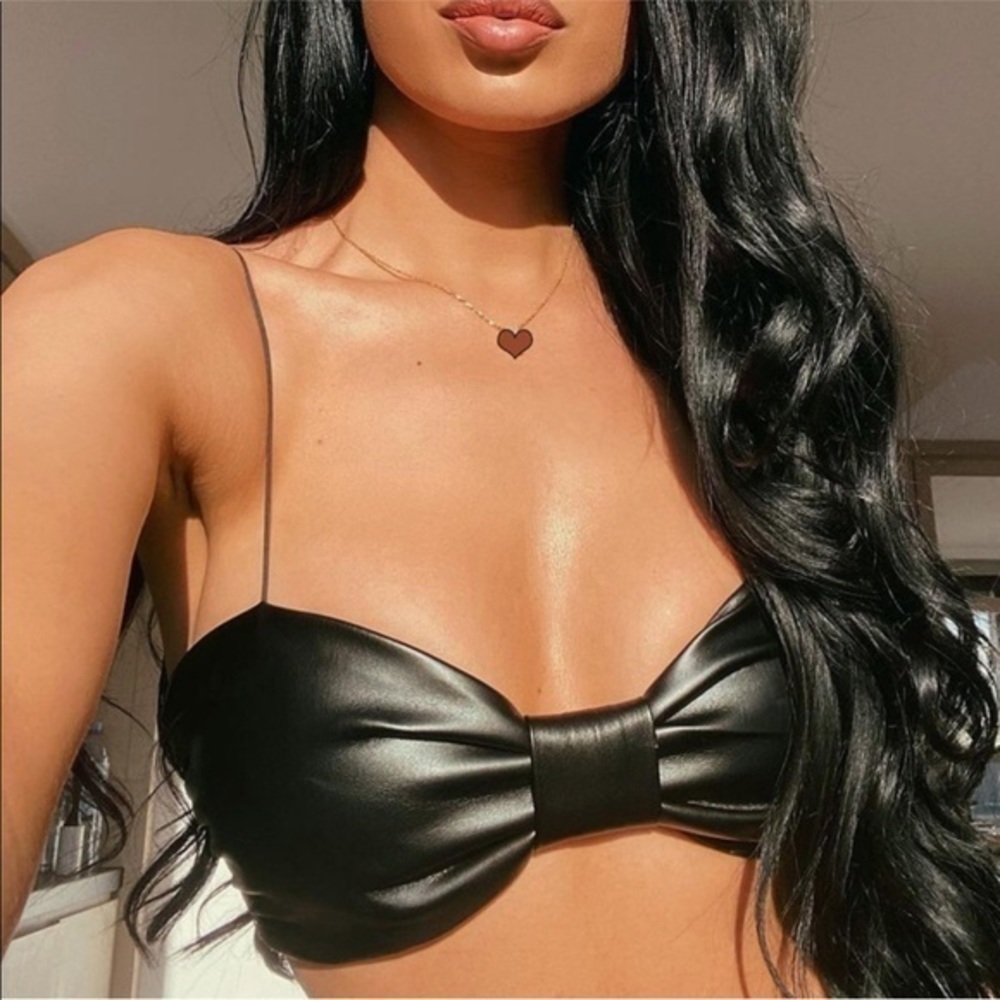 Black Pleather Bralette Crop Top NWT | Faux Leather Night-Out Top - Picture 4 of 5